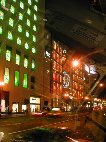 The neon wreaths on the LVMH (failed) mall building and Macy's next door at Union Square.
